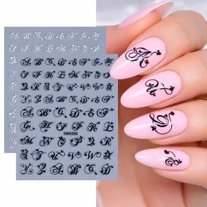 2 Sheets Black White Letter Nail Art Stickers, Floral English Alphabet Designs, Women's Manicure Decorations, Nail Art Supplies