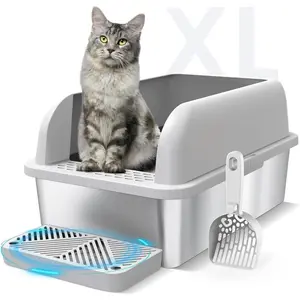 Enclosed Stainless Steel Cat Litter Box with Lid Extra Large Litter Box for Big Cats XL Metal Litter Pan Tray with High Wall Sides Enclosure, Non-Sticky, Anti-Leakage, Easy Cleaning