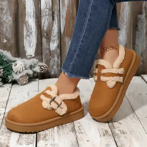 Women's Mini Snow Boots Suede Platform Slippers Plush Lining Buckle Detail Comfort Footwear