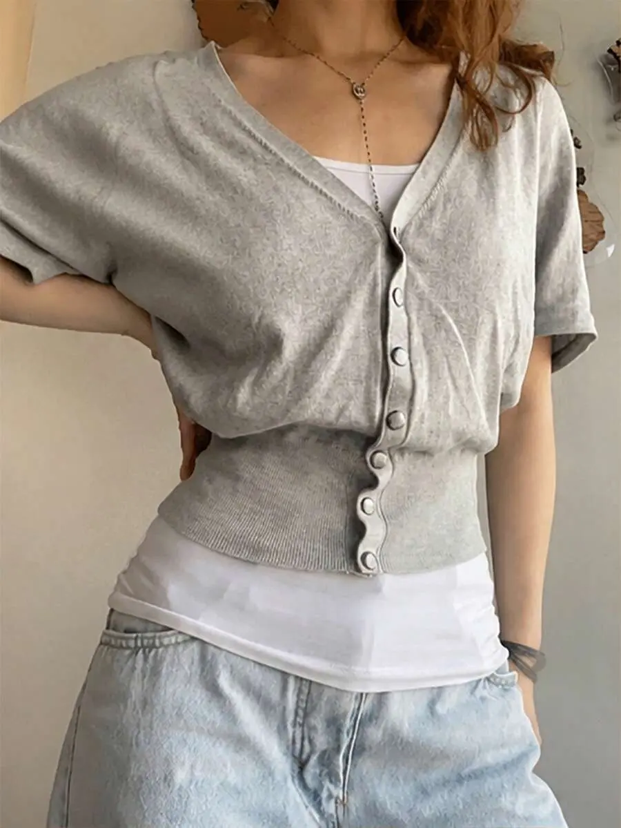 1pc Solid Color Knit Button-Up Women's Grey Short Sleeve Cardigan For Daily Wear, Home, Birthday Party, Autumn/Winter Summer