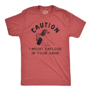 Mens Caution I Might Explode In Your Hand T Shirt Funny 4th Of July Firework Graphic Novelty Tee Mens Funny T Shirts Cool Vintage Fashion T-Shirt Gift Classic Menswear Patriotic Apparel for Men Novelty Tees for Red