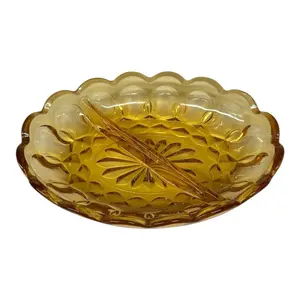 Vintage Anchor Hocking Amber Glass Divided Oval Dish Nuts Relish Scalloped Edge