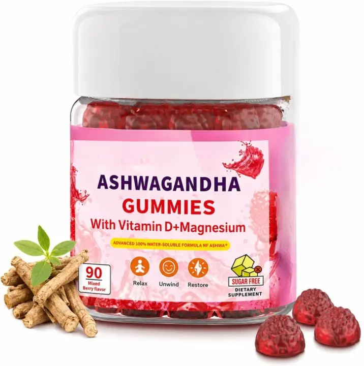 Ashwagandha Gummies for Calm & Stress Relief, with Magnesium + Vitamin D, Sugar-Free, Vegan Ashwa Supplements, 90 Count