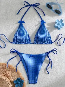 Checked Halter Bikini Set, Butterfly Decor Sexy Two-Piece Swimwear for Summer Beach