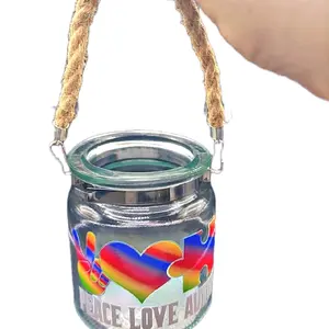 Peace and Love Autism Candle Holder - Rainbow Heart Design with Rope Hanger - Decorative Ornament for Autism Awareness