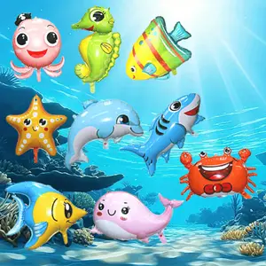 12 pieces Large Cute Sea Animal Balloons Octopus Shark Fish Dolphin Hippocampus Crab Scallops Foil Balloons for Boys Girls Sea Underwater Animals Theme Party Decoration