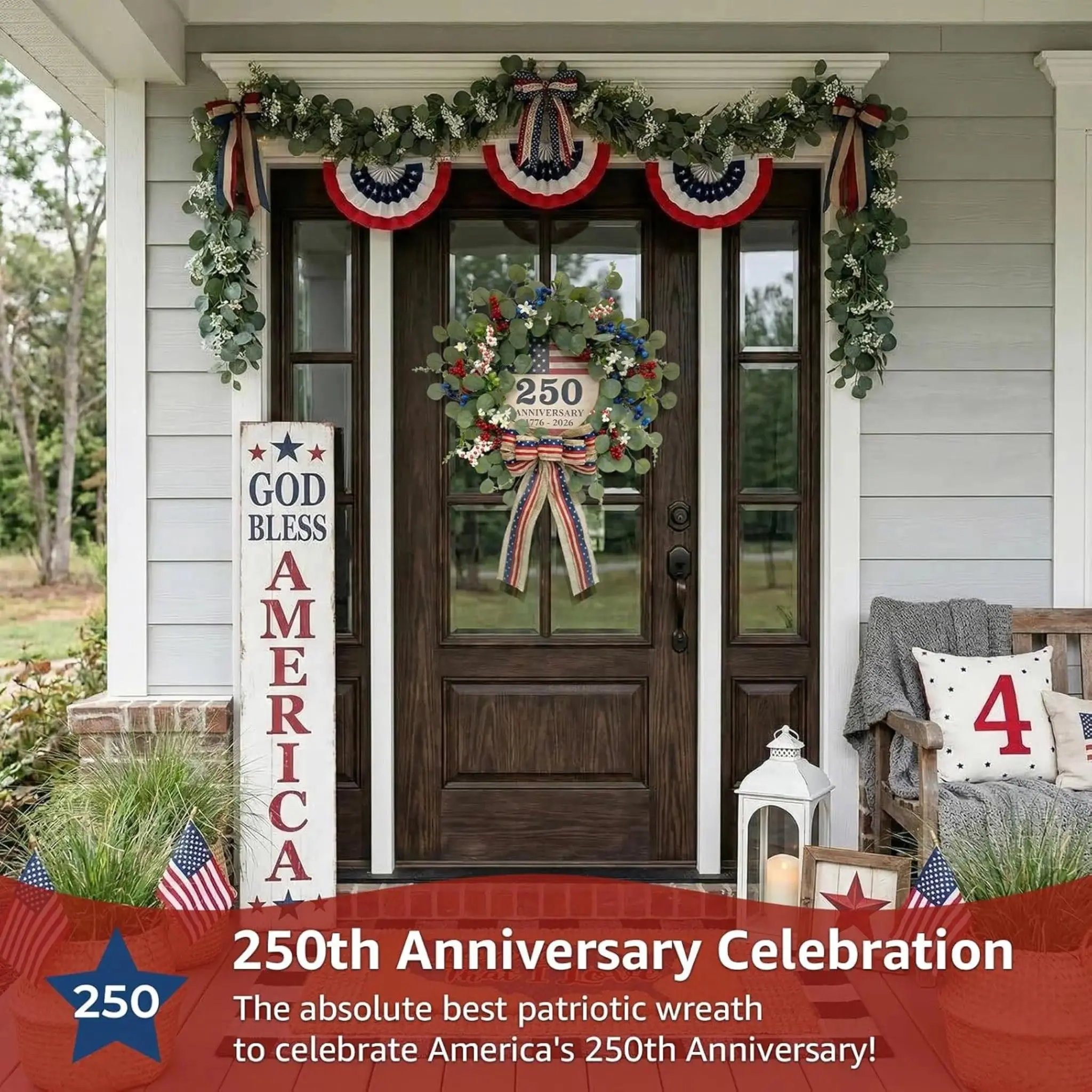 23 Inch USA 250th Anniversary Patriotic Indoor and Outdoor Decorations, National Flag Week, 4th of July Eucalyptus Wreath for Front Door - 1776-2026 Memorial Day Wreaths with Red White Blue Berries and Bow, Flag Day, Independence Day, Patriot Day,summervi