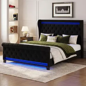 【Mother's Day】Belffin Queen Size LED Velvet Platform Bed Frame, 50” Tall Upholstered Headboard with USB & Type-C Ports, Button Tufted, Heavy Duty, No Box Spring, Noise-Free – White