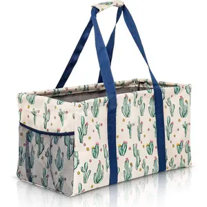 Extra Large Oversized Utility Tote Bag - Collapsible Reusable Wire Frame Rectangular Canvas Basket with Two Exterior Pockets for Beach Pool Laundry Car Trunk Storage, Cactus White
