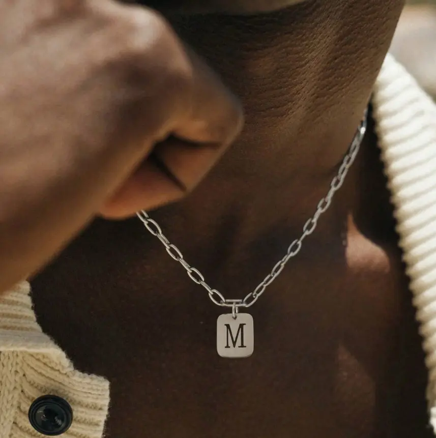 1pc New Rectangle Initial Pendant Silvery Stainless Steel Paper Clip Chain Necklaces For Men