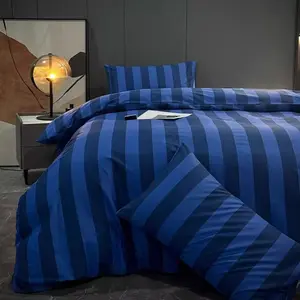 3pcs Deep Blue Striped Bedding Set, Includes 1 duvet cover and 2 Pillowcases, Zipper Design, Soft Fabric, Suitable for All Seasons