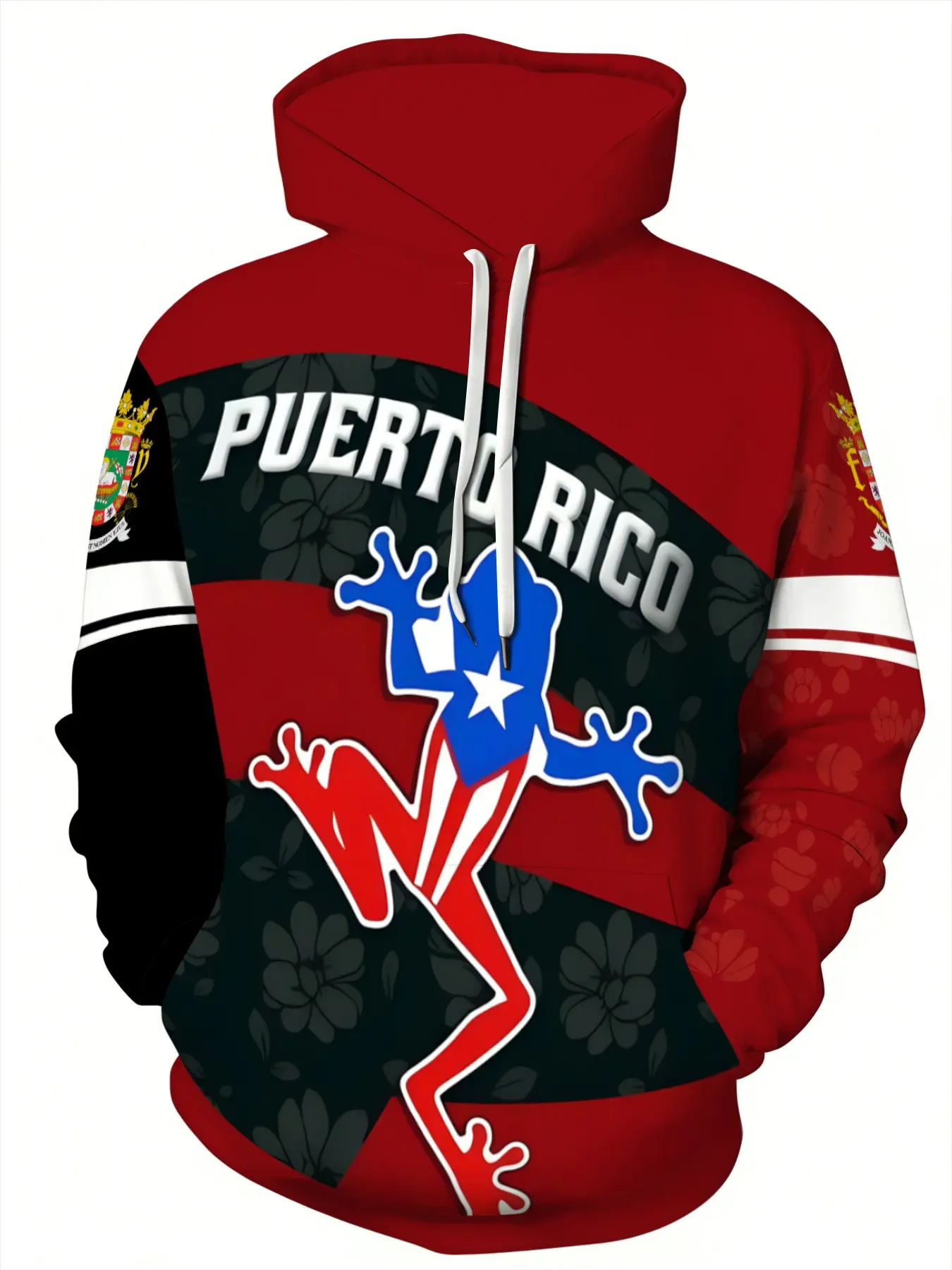 Men's Base Puerto Rico Frog Pattern Hoodie, Ethnic Frog and Floral Print, Casual Long Sleeve, All Seasons, Fitted H Type