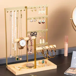 Jewelry Organizer Stand, Jewelry Holder, 4 Tier Earring Holder with 48 Holes and 6 Hooks Necklace Organizer Wood Box for Necklace, Bracelet, Earring, Ring And Watches Gold T-Shaped Multi-Layer Rack
