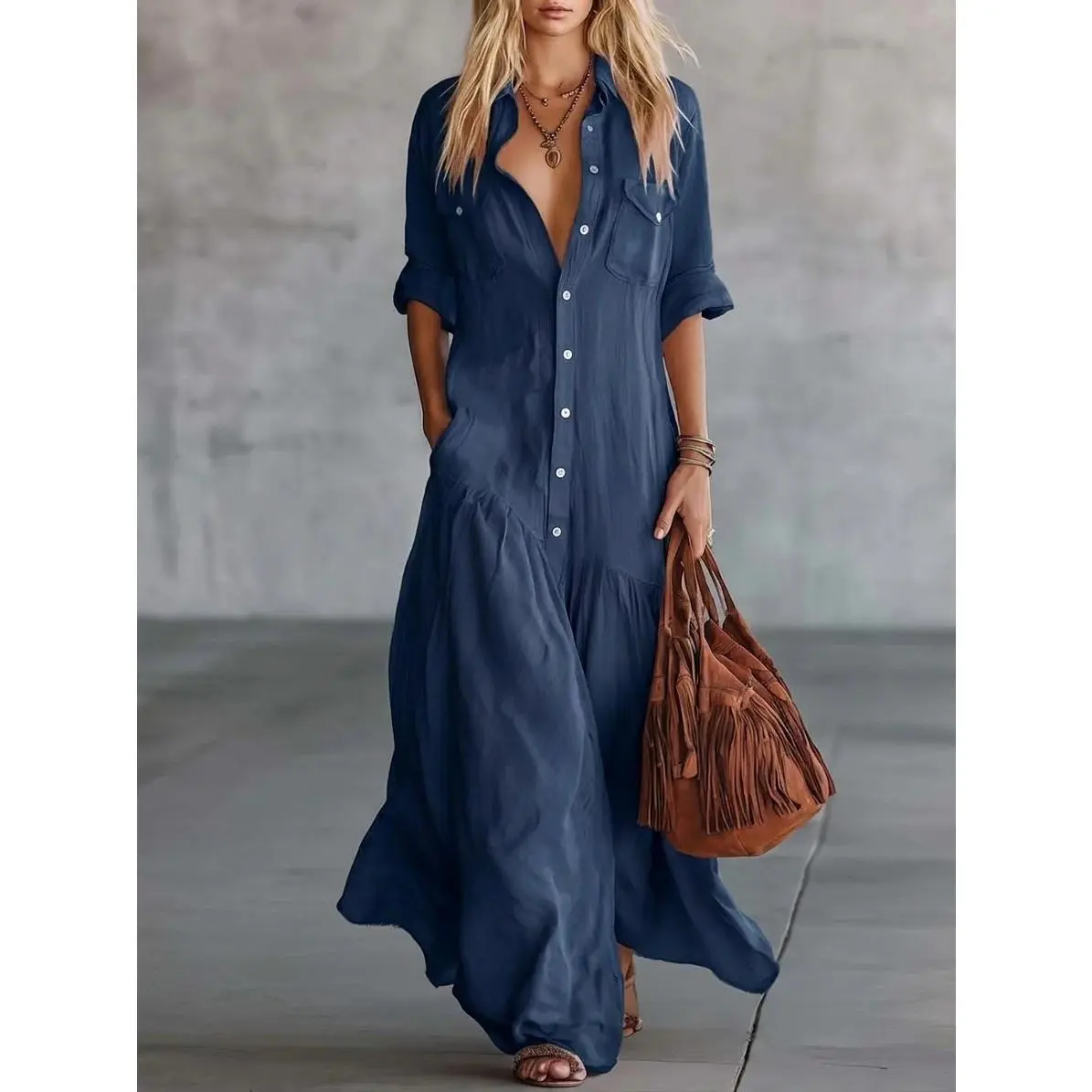 Women's Chic Boho Blend Maxi Shirt Dress - Long Sleeve Collared Button-Down, Patchwork Pockets, Flowy Tiered Hem, Style-Elegant Modest Fashion Daily Casual Vacation Cover Up, Everyday, Long Sleeve Maxi Casual Dresses, Upcycled Patchwork Casual Dresses