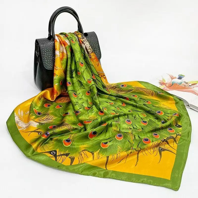 Women’s silk scarf/headscarf with peacock print; soft and elegant; suitable for all seasons; multifunctional large square headscarf; beach headscarf.