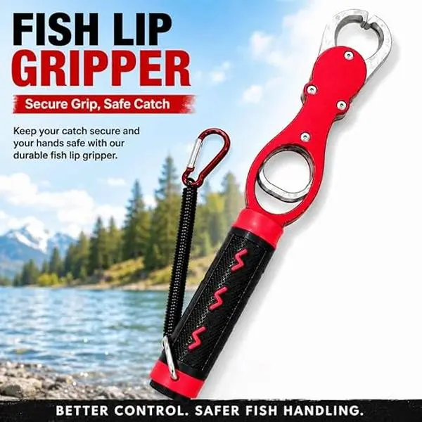 Fish Lip Gripper - Heavy Duty Aluminum Fishing Pliers with Lanyard, One-Hand Operation Fish Holder for Bass Trout Salmon