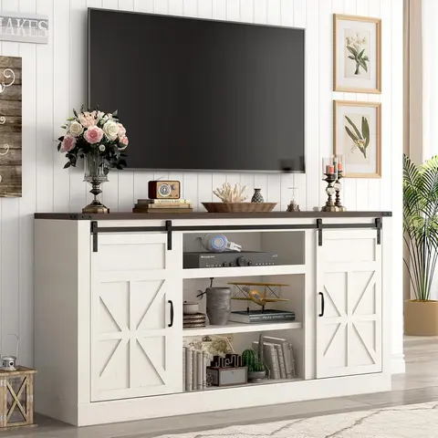 66" Farmhouse TV Stand for 75 Inch TV, 33" Tall Entertainment Center with Power Outlets & Sliding Barn Door, Wood TV Stand with Storage, TV Media Console for Living Room, White/Brown