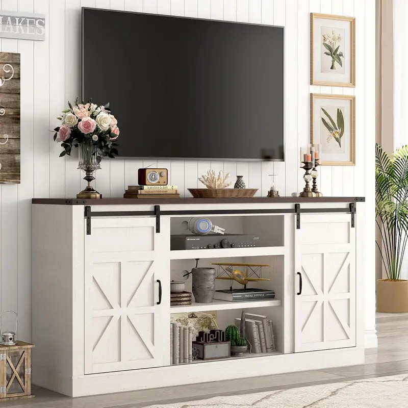 66" Farmhouse TV Stand for 75 Inch TV, 33" Tall Entertainment Center with Power Outlets & Sliding Barn Door, Wood TV Stand with Storage, TV Media Console for Living Room, White/Brown
