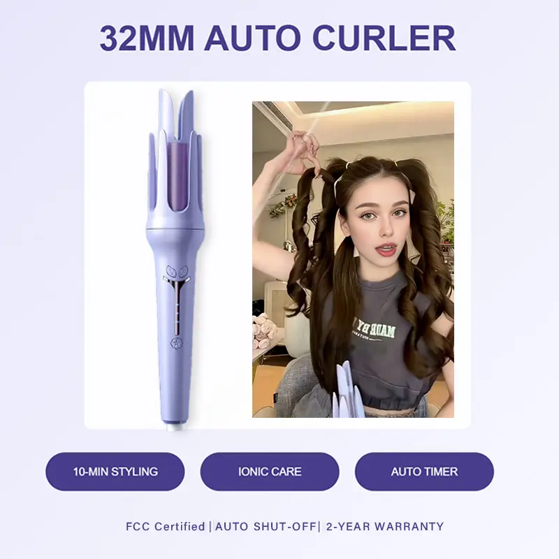 32mm Automatic Curling Iron, 3 Heat Settings Ceramic Hair Curler, Negative Ion Curling Wand for Damage-Free Styling, Lightweight and Beginner-Friendly Hair Tool, Travel Curling Iron with Auto Shut-Off, Safe and Portable for Women’s Home and Travel Use