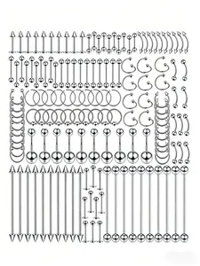 Stainless Steel Piercing Jewelry Set, 150 Pieces Including Industrial Bar, Nose Rings, Labret Studs, Lip Bars, Eyebrow Pins, Curved Bars, Helix Rips, Navel Rings