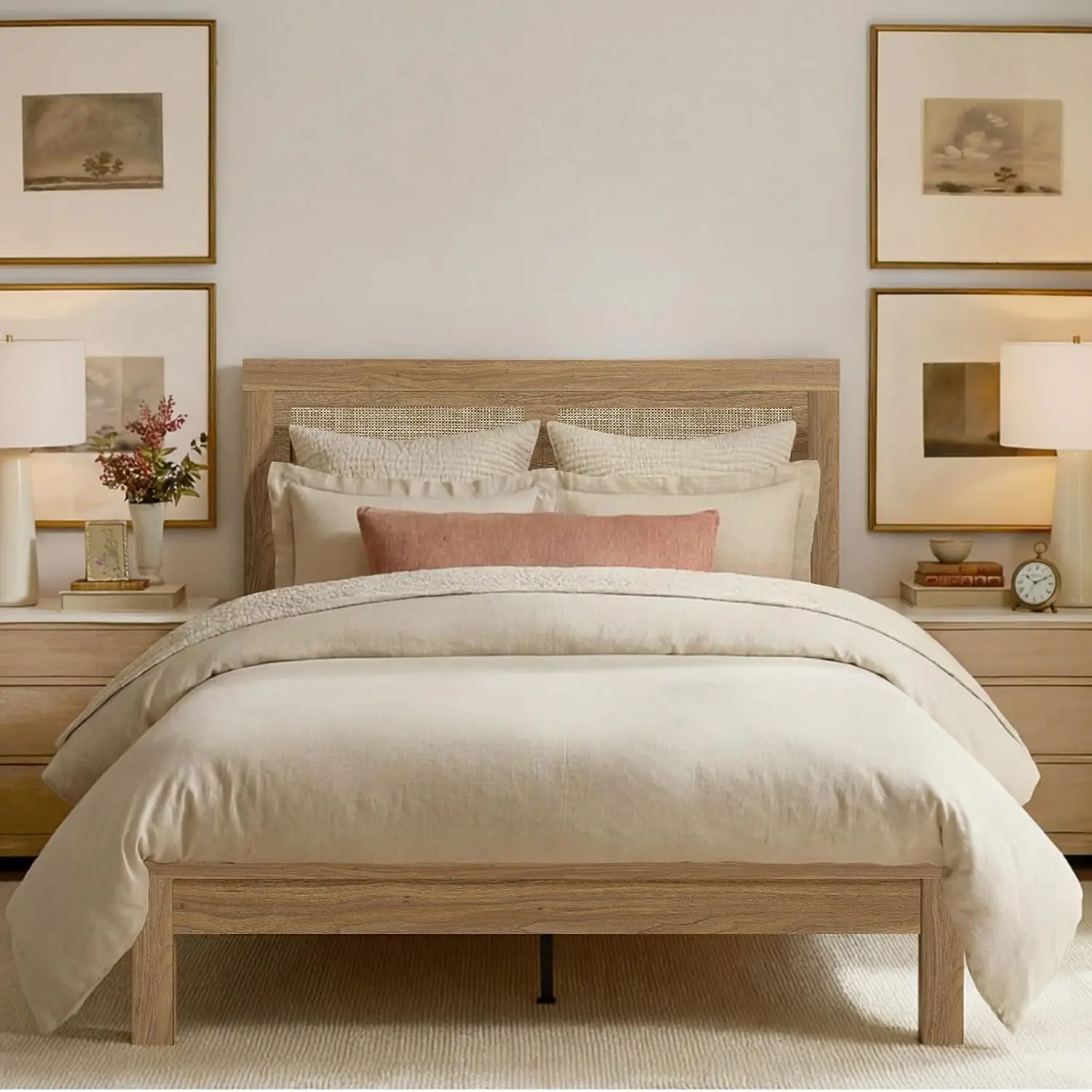 Yechen Full/Queen Size Wood Platform Bed Frame with Rattan Boho Headboard, Wooden Slat Support, Easy Assembly, No Box Spring Needed, Natural Walnut Finish, Bed Frames, Queen Size Bed Frame