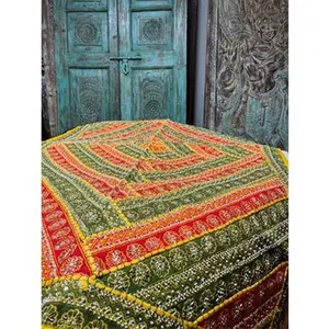 Earthy Tapestry Green Red Embroidered Bed Throw, Headboard Indian Tapestry