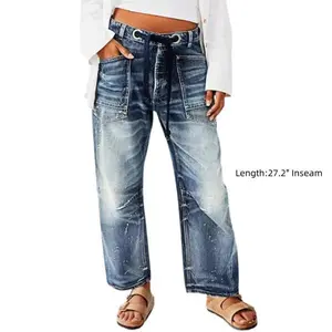 Drawstring Grommet Eyelet Mid Waist Wide Leg Jeans Button Comfort