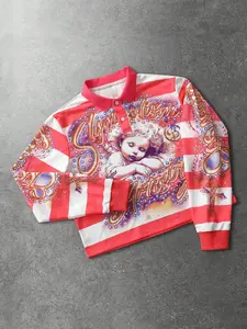 1pc Men's Pink Striped Long Sleeve Polo Shirt Aesthetic Cherub Angel Print Y2K Cyber Streetwear Contrast Color Casual Hip Hop Urban Top Menswear