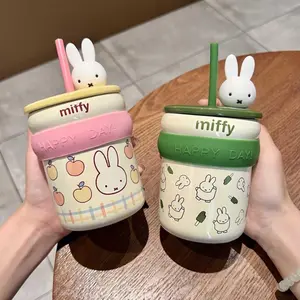 Kawaii Miffy Rabbit High-Design Drinking Cup Cartoon Bunny Cute Ceramic Mug with Straw for Girls Birthday Gift Perfect Present​
