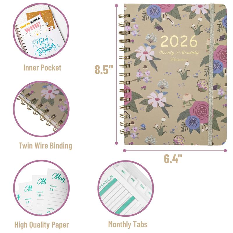 Mr. Pen - 2026 Planner, Spring Floral Design, Weekly & Monthly Calendar, Jan 2026 - Dec 2026, Hardcover, Spiral Bound, Inner Pocket, 6.4" x 8.5", Christmas Gift