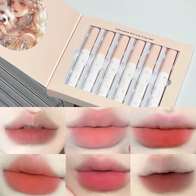 6 Pcs Matte Velvet Lip Mud Lip Gloss Waterproof Long Lasting Nude Red Liquid Lipstick Chocolate Lip Clay Korean Lip Makeup Cosmetic Set for Women Matte Lip Glaze