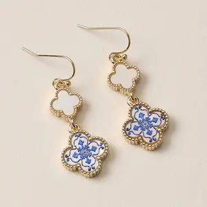 Blue Enamel Clover Drop Earrings