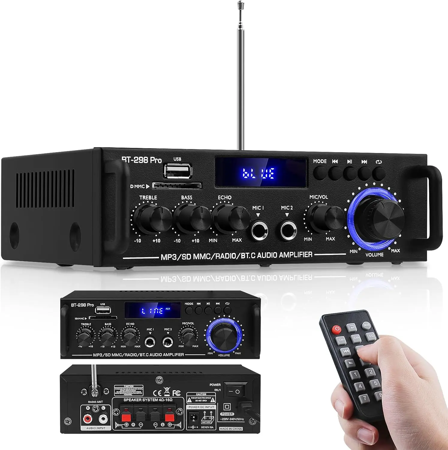 BT-298 Pro Home Audio Amplifier, Bluetooth 5.0 800W Stereo Receiver RMS 50Wx2 HiFi Stereo Sound Audio System Wireless Power Amplifier | With USB/RCA/FM/MIC in | Echo, Bass & Treble Adjustment