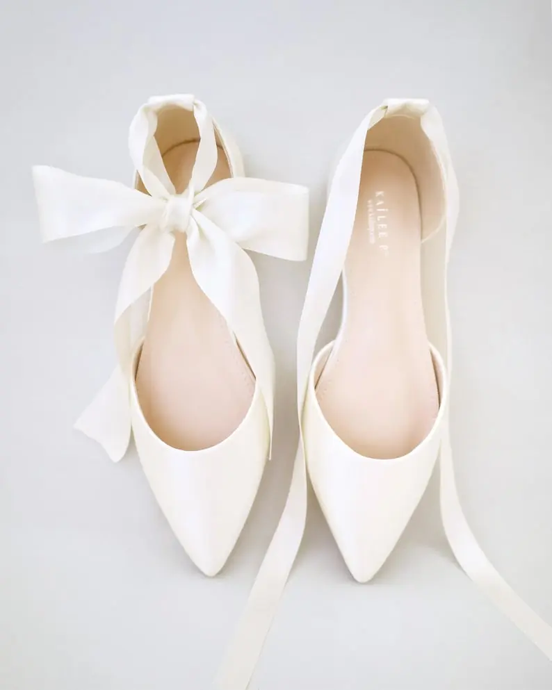 Ivory Satin Pointy Toe Flats with Satin ANKLE TIE or BALLERINA Lace Up - Bridal and Bridesmaid Shoes, Ivory, Floral Design