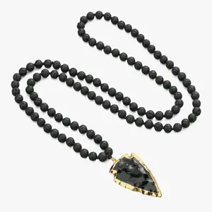 Handmade 108 Mala Beaded Necklace for Men, Black Obsidian Arrowhead Pendant, 8mm Lava Necklace for Men 40"