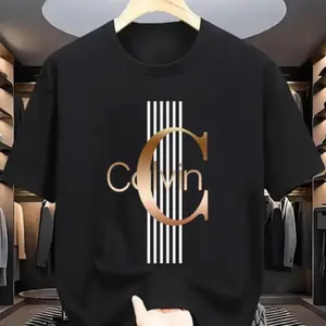 Men's Premium Soft Cotton Calvin Letter Print Striped Graphic T-Shirt - Unisex Menswear, Breathable Fabric, Oversized Short-Sleeve Round Neck, Casual Plus Size Minimalist Daily Wear Streetwear Gift