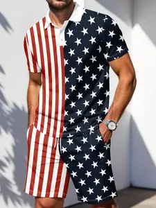 Star Spangled Patchwork Set, American Independence Day, Casual Slim-Fitting Suit, Button Detail, No Zipper, Print Pattern