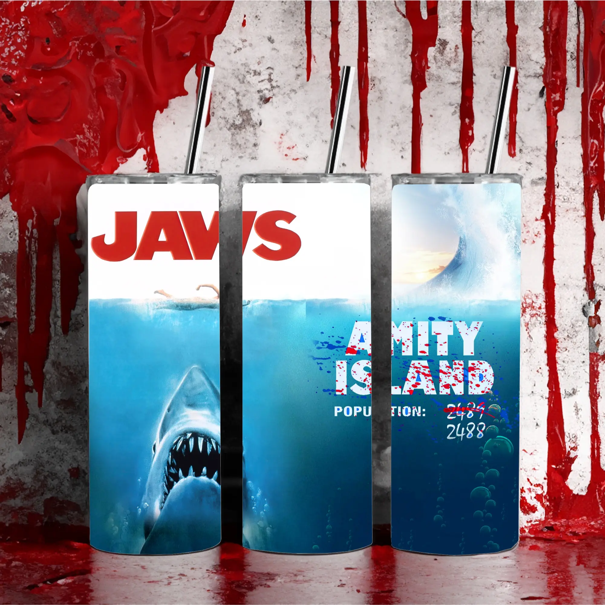 Jaws Movie Poster 20oz Stainless Steel Insulated Tumbler with Lid & Metal Straw - Amity Island Design Drinkware Mug Cup Portable Washable
