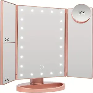 Makeup Mirror, Vanity Mirror with Lights, 2X/3X/10X Magnification, Touch Control, Trifold, Dual Power Supply, Gifts Mothers Day for Mom,Gifts for Women, Wife, Girls,Dorm Room Essentials