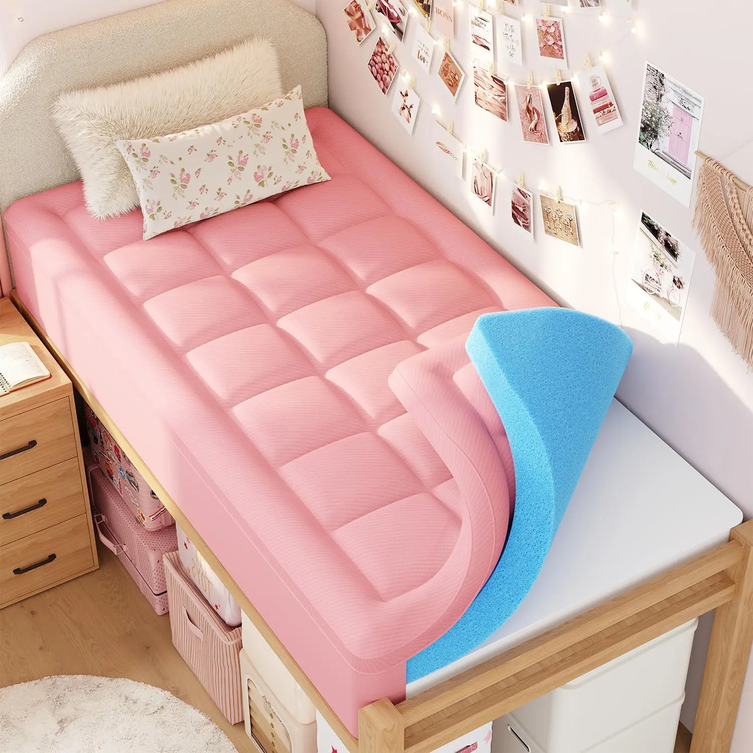 ELEMUSE Twin XL Dorm Dual Layer 3 Inch Memory Foam Mattress Topper College Essentials for Girls Pink, 2 Inch Cooling Gel Foam with 2 Inch Plush PillowTop, Aesthetic Pressure Relief Comfortable Support