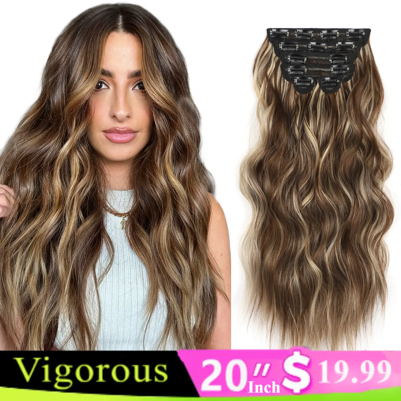Vigorous Clip in Hair Extensions 6PCS Long Wavy Hairpieces Hair Extensions Clip Ins Soft Synthetic Hairpieces for Women Daily Use(20Inch)