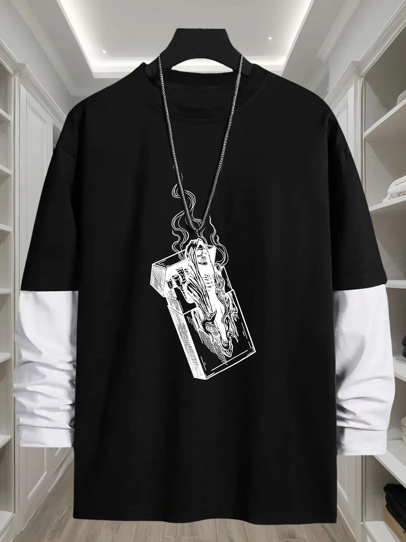 Gothic Death Geometric Print Loose Fit Long Sleeve Round Neck T-Shirt, Fashion Street Style Streetwear Casual Top, Comfortable Trendy Gift