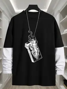 Gothic Death Geometric Print Loose Fit Long Sleeve Round Neck T-Shirt, Fashion Street Style Streetwear Casual Top, Comfortable Trendy Gift