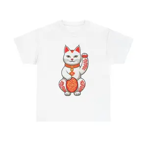 Women's Lucky Cat (Maneki-neko) symbolizing good fortune and prosperity Graphic T-Shirt - Short Sleeve Crew Neck Regular Fit Casual Wear | Soft & Breathable Fabric, Durable Print, Everyday Comfort, Machine Washable, cartoon illustration with traditional