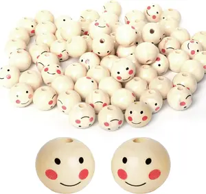 Smile Face Wooden Beads 40Pcs 20Mm  Pre-Drilled Holes, round Craft Beads for Kids DIY, Jewelry Making & Christmas Angel Decorations NoBrand