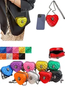 Shiny Heart-Shaped Bag, Ultimate Party Accessory, Glossy PU Material, Quilted Texture, Eagle Emblem, Detachable Chain Strap, Lightweight, 9 Colors