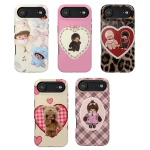 Cute Monchhichi iPhone case with a retro heart design, compatible with iPhone 17/16/15/14/13/12/11 Pro Max/Plus and Samsung Galaxy S23FE/22/23/24/25.