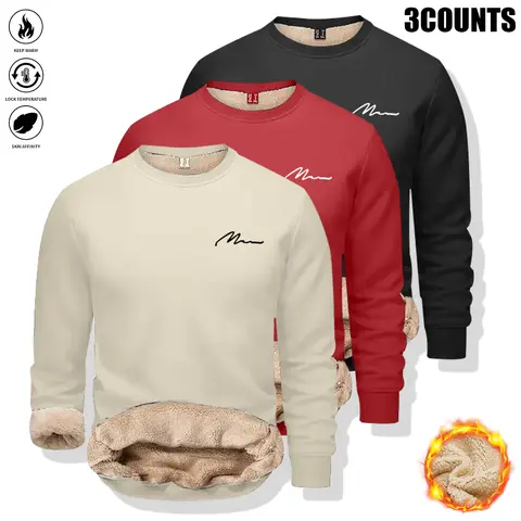 Men's 3-Pack Fitted Fleece-Lined Crew Neck Sweatshirts - Solid Color, Long Sleeve Base Layers, Multiple Color Options, Casual Sports Wear