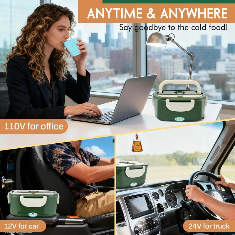 AOSION Electric Heated Lunch Box for Adults, 4 IN 1 Heating Lunch Box with 2 Pack 1.5L Container, 80W Lonchera Eléctrica Portátil, Food Warmer for Car/Truck/Office, Gift for Men (Green)