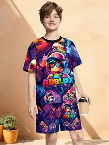 Boys' Roblox Cool Set Summer Short Sleeve Shorts, Asymmetrical Design, Casual Homewear, Fitted Style, Natural Waist, Random Print